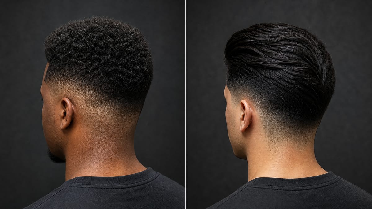 Dois tipos de cabelo masculino vistos por trás, ilustrando que a escolha da técnica acompanha o cabelo de cada um