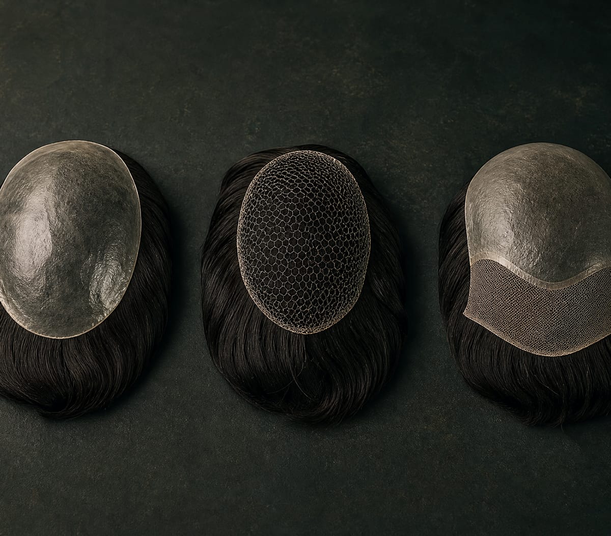 Três bases de prótese capilar lado a lado: micropele, lace em tule e híbrida